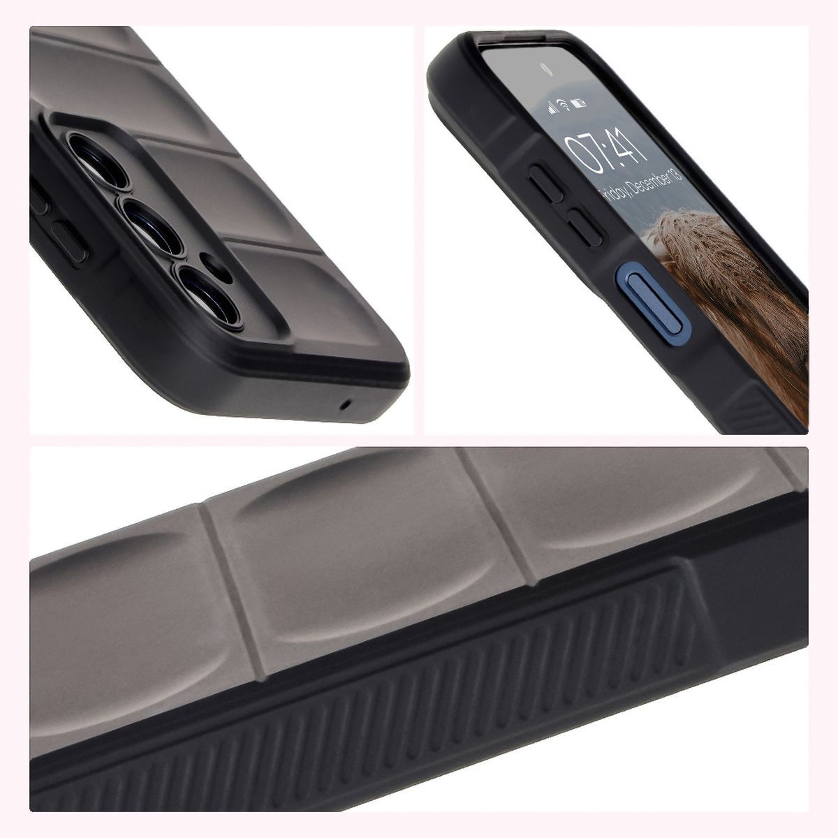 Strukturierte Seiten und erhöhte Kanten für Bildschirm und Kamera im Bizon Case Tur Etui