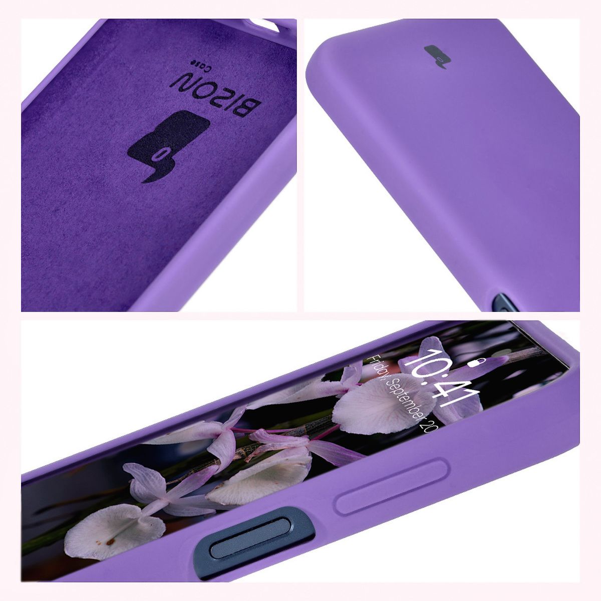 Konstruktion des Etuis Bizon Soft Case: integrierte Abdeckungen, erhöhte Kanten und Mikrofaserpolsterung