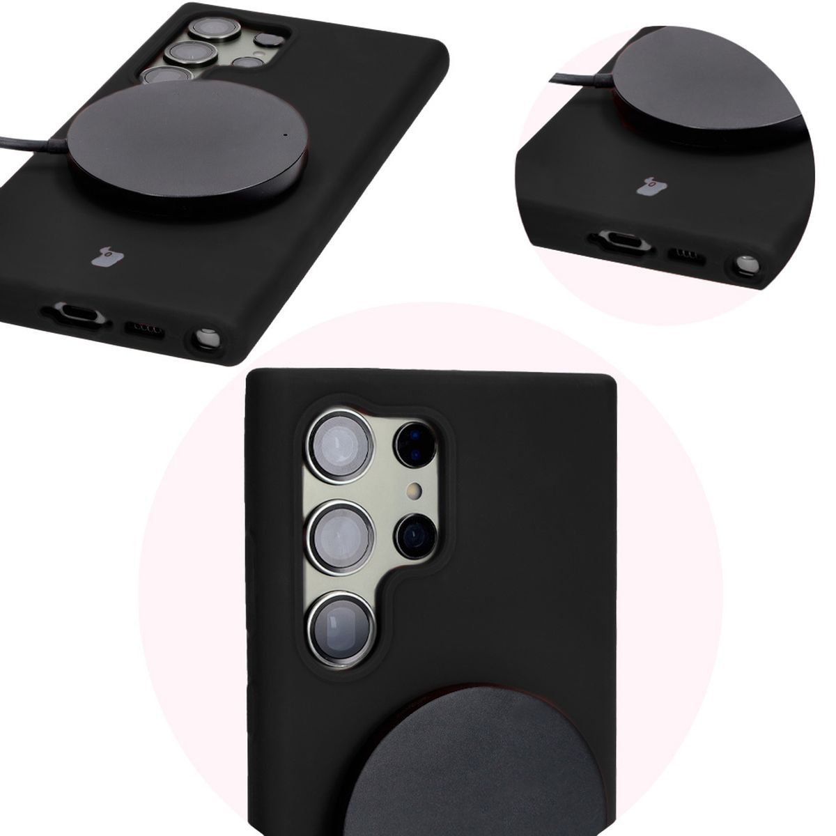 Detaliu despre decupaje precise și capacitatea de încărcare wireless în husa Bizon Soft Case
