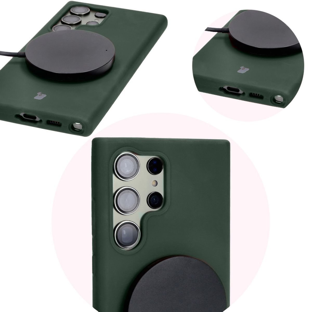 Prim-plan pe decupaje precise și posibilitatea de încărcare wireless în husa Bizon Soft Case