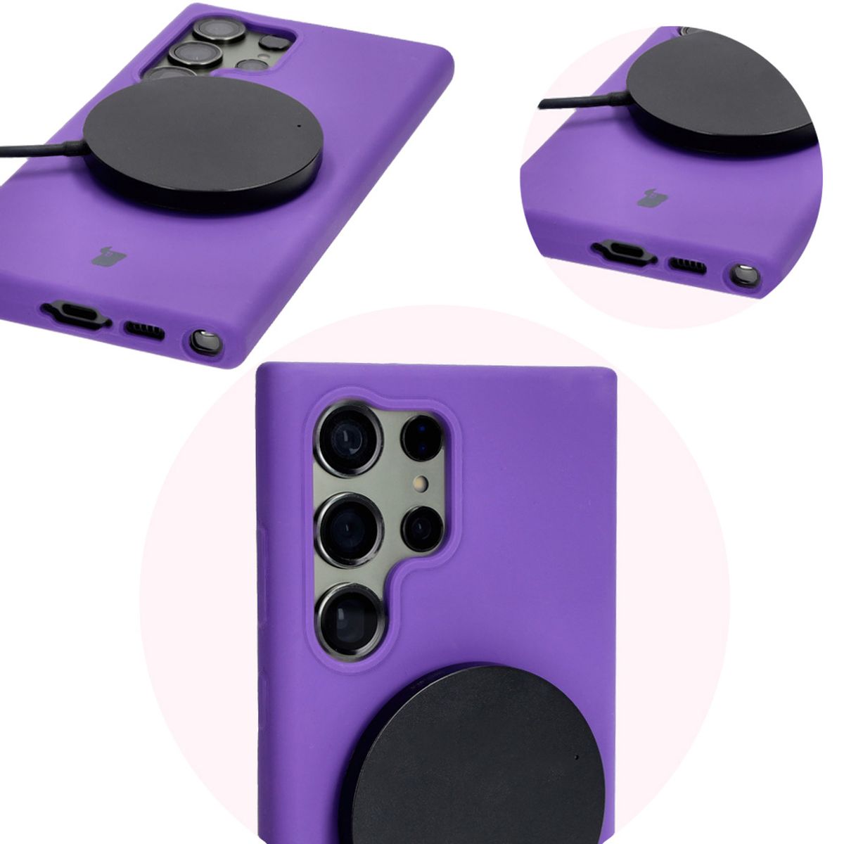 Prim-plan pe decupaje precise și posibilitatea de încărcare wireless în husa Bizon Soft Case