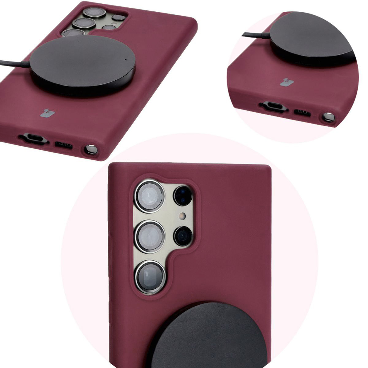 Prim-plan al decupajelor precise și posibilitatea de încărcare wireless în husa Bizon Soft Case