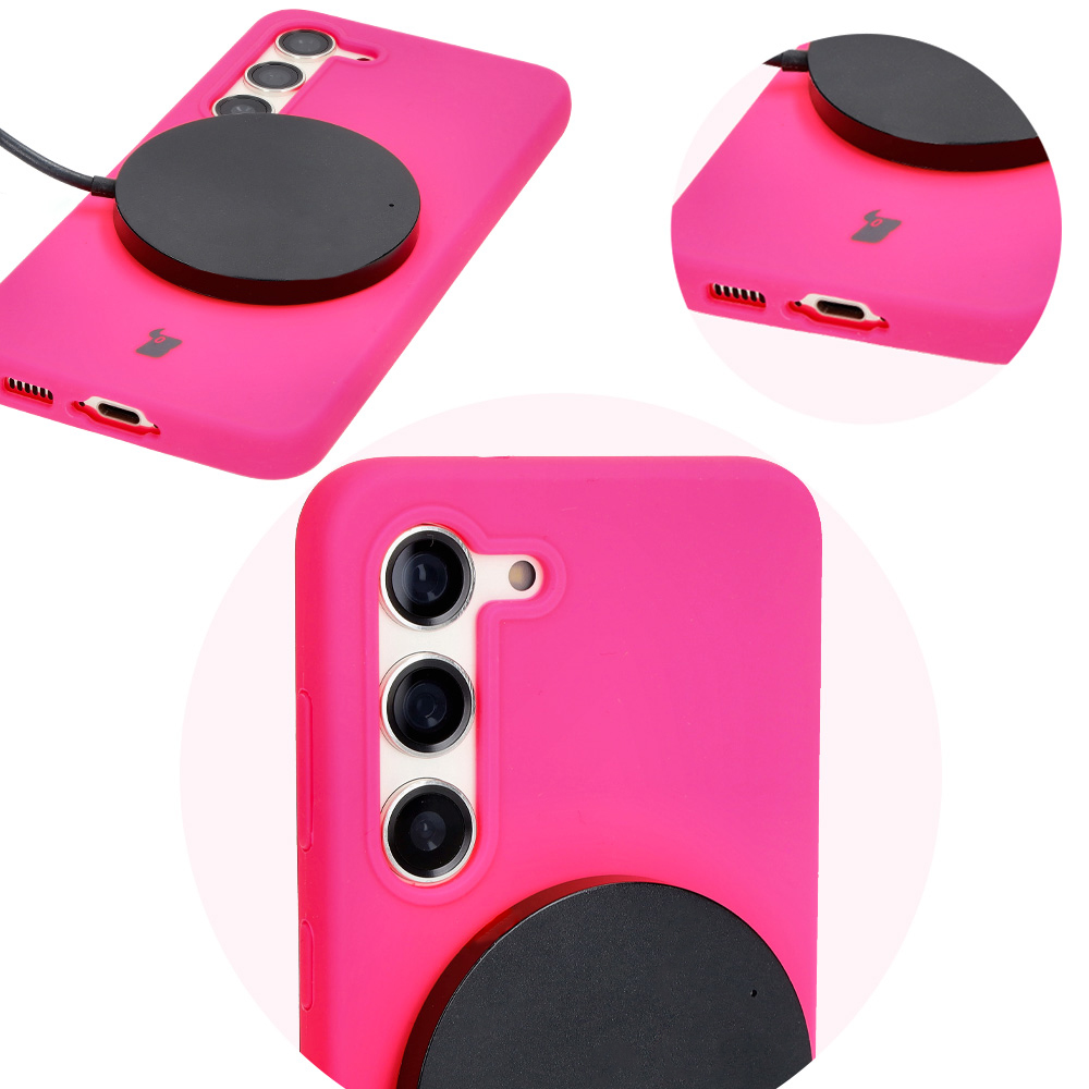 Prim-plan pe decupajele precise și posibilitatea de încărcare wireless în husa Bizon Soft Case