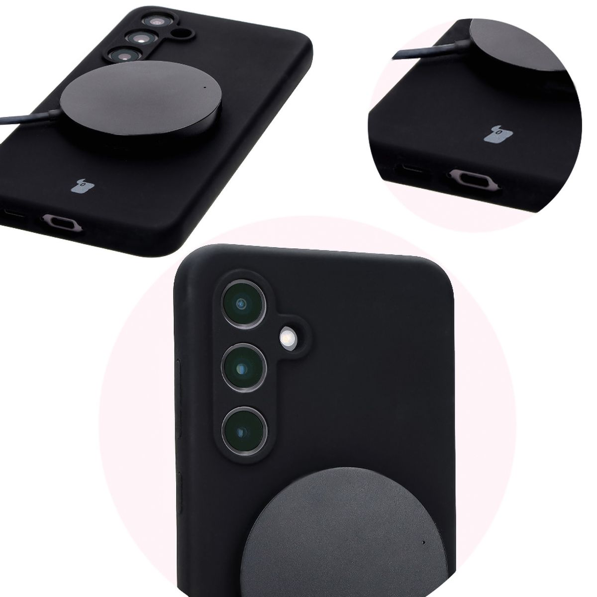 Nahaufnahme der präzisen Ausschnitte und der Möglichkeit des induktiven Ladens in der Hülle Bizon Soft Case