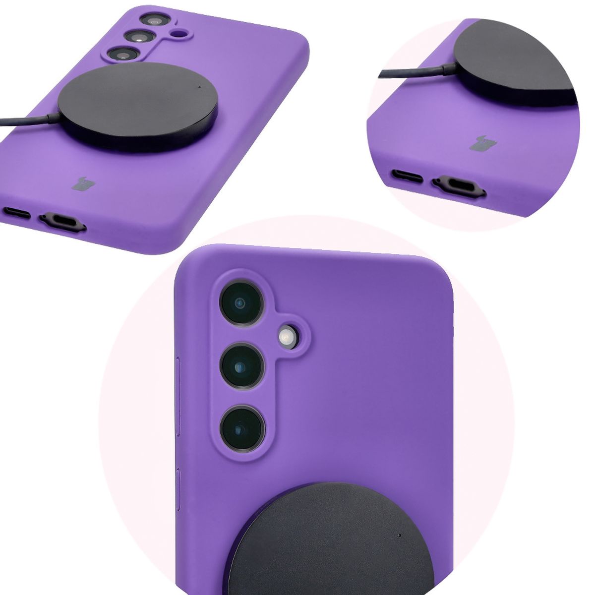 Prim-plan pe decupaje precise și capacitatea de încărcare wireless în husa Bizon Soft Case