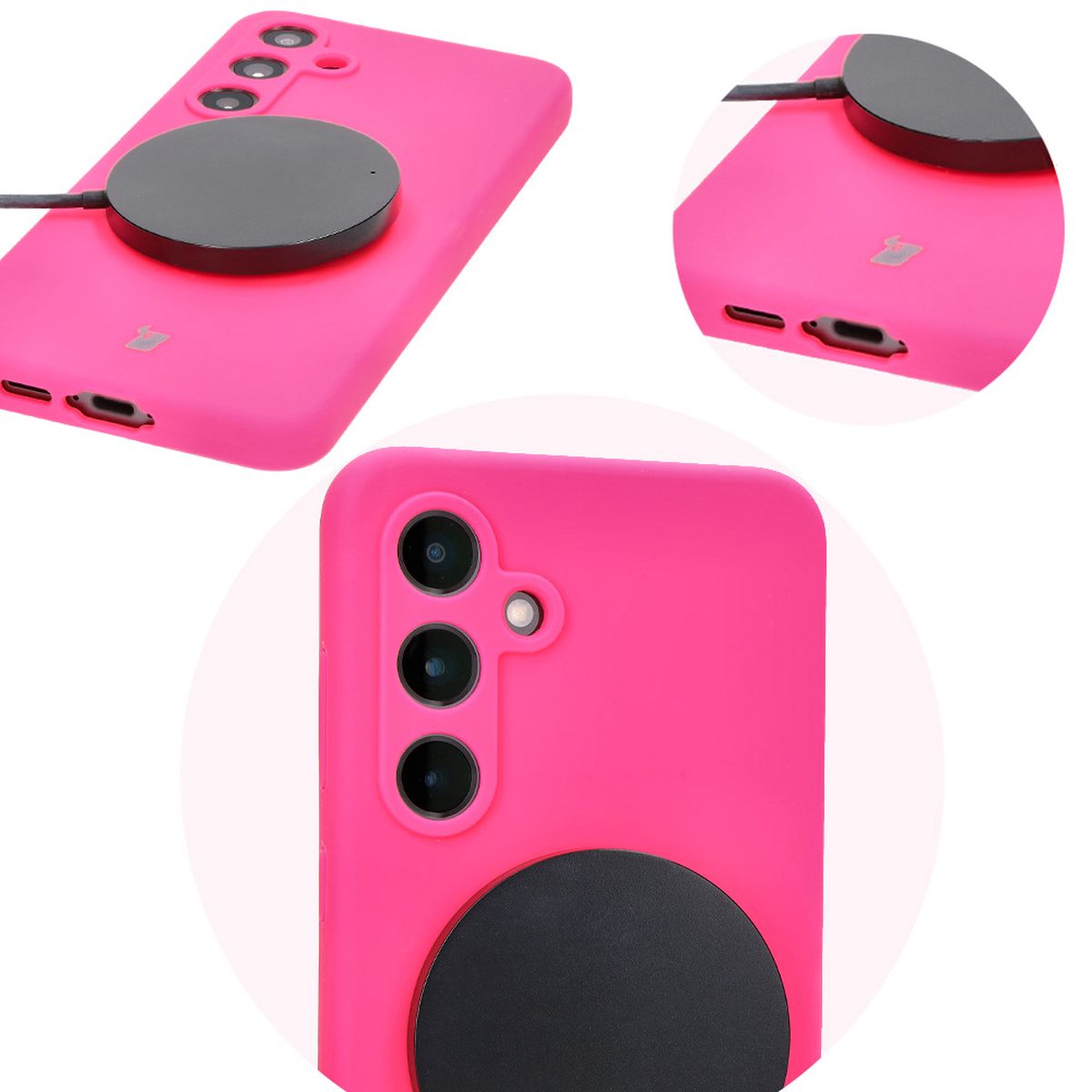 Prim-plan cu decupaje precise și posibilitatea de încărcare wireless în carcasa Bizon Soft Case