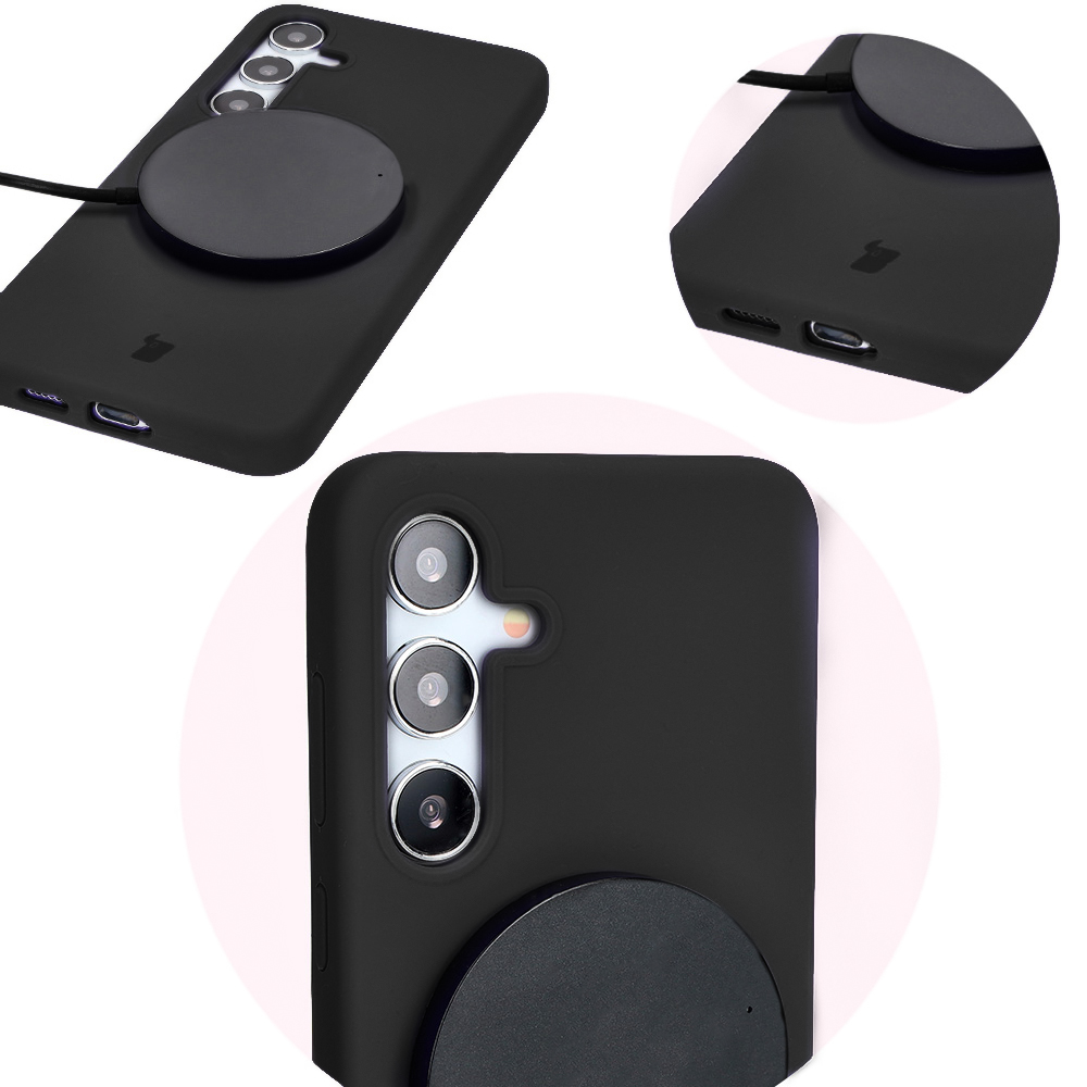 Prim-plan pe decupajele precise și posibilitatea de încărcare wireless în husa Bizon Soft Case