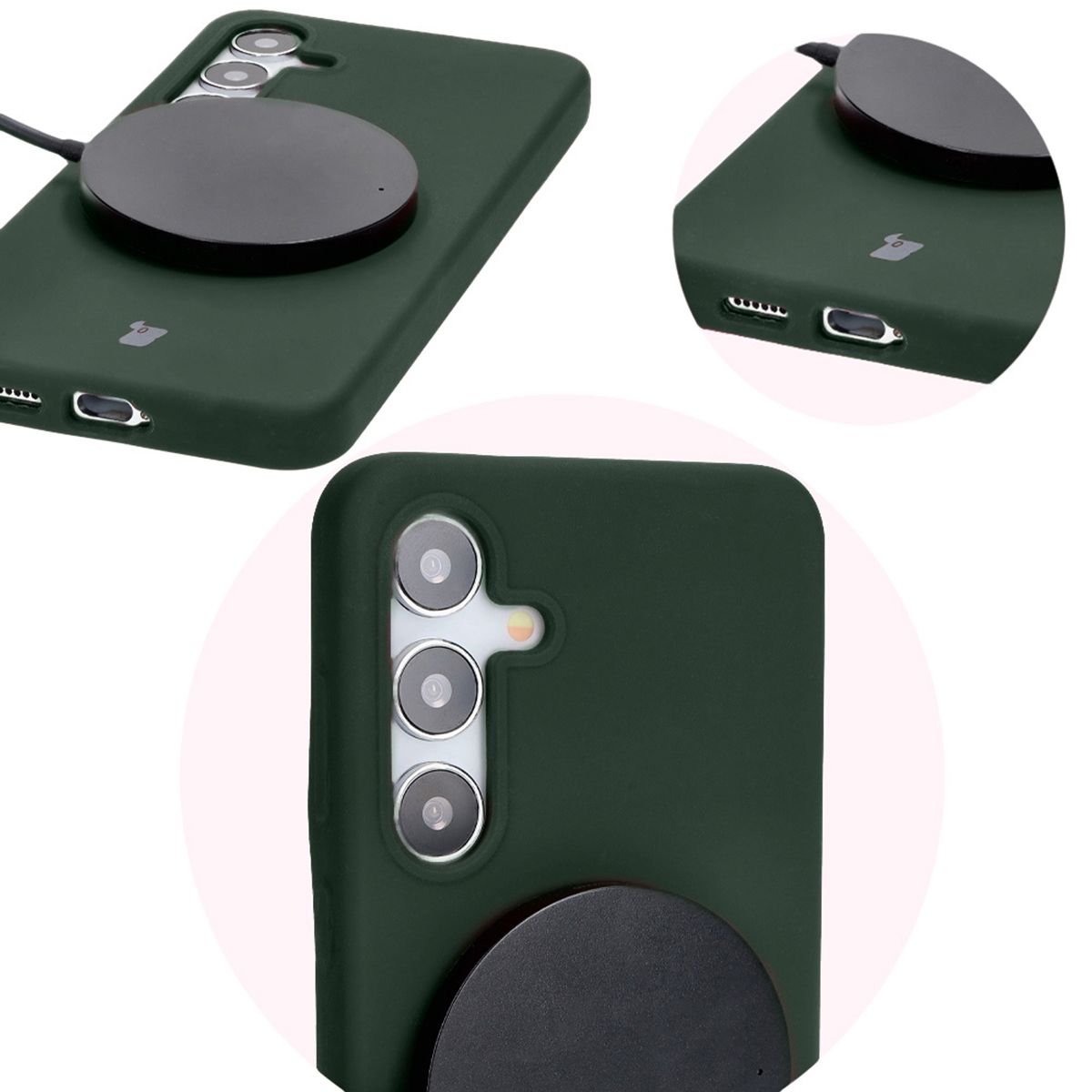 Close-up of precise cutouts and wireless charging capability in the Bizon Soft Case