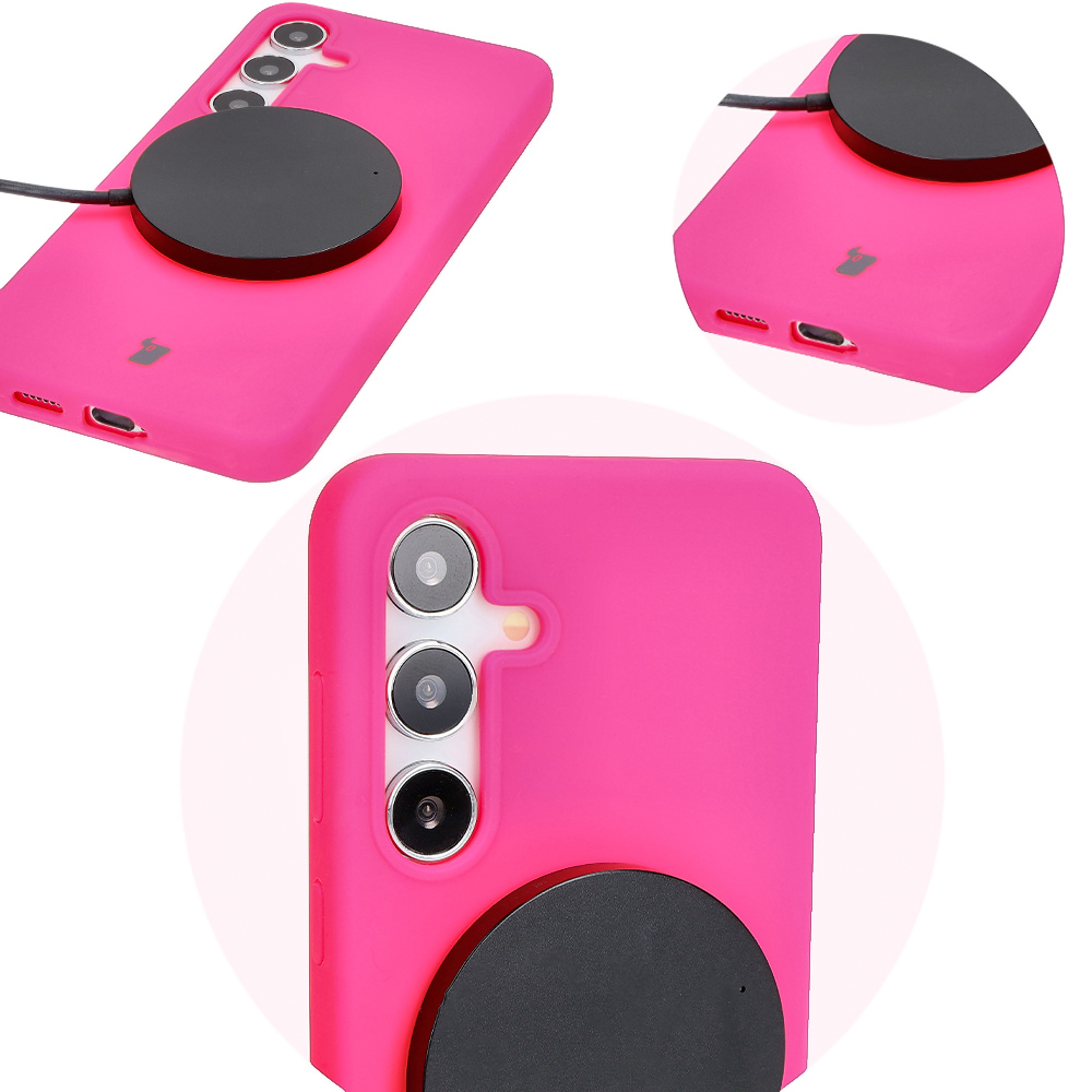 Prim-plan pe decupajele precise și posibilitatea de încărcare wireless din husa Bizon Soft Case
