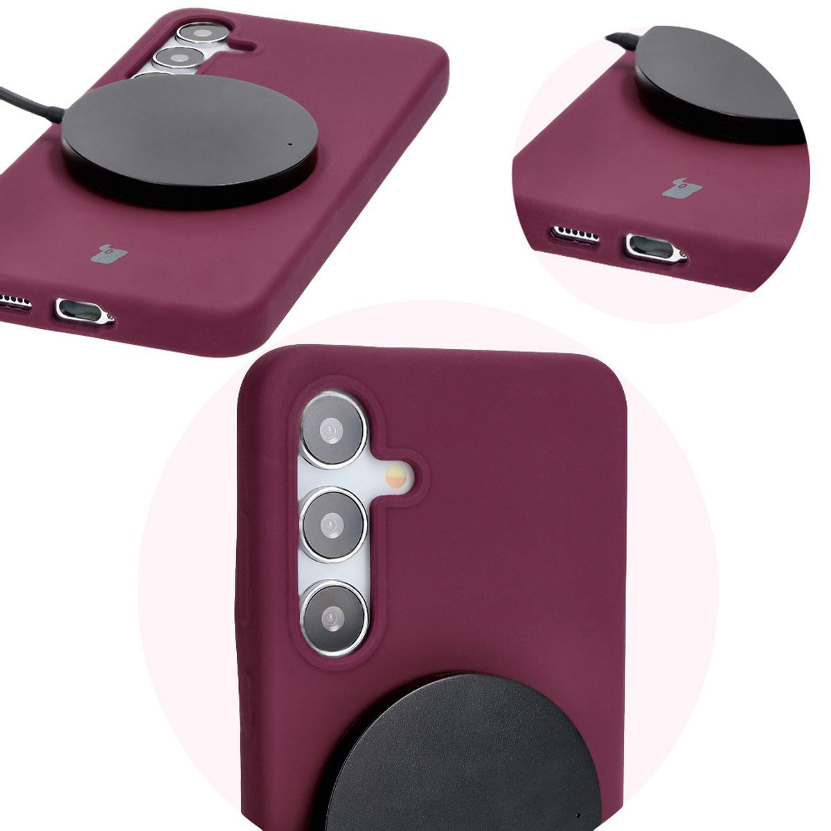 Prim-plan pe decupajele precise și posibilitatea de încărcare wireless în husa Bizon Soft Case