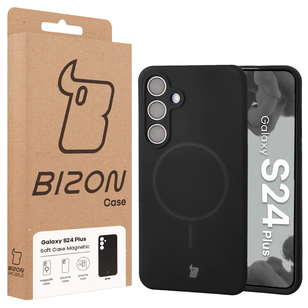Przód pudełka Bizon Case z dedykowaną etykietą do Samsung Galaxy S24 Plus