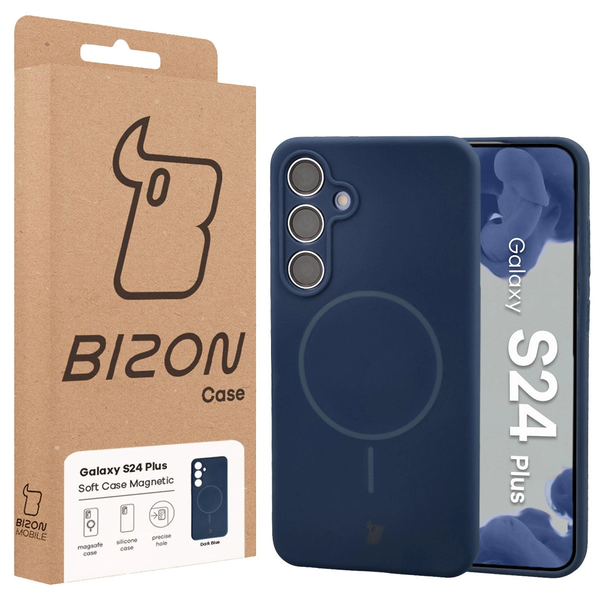 Przód pudełka Bizon Case z dedykowaną etykietą do Samsung Galaxy S24 Plus