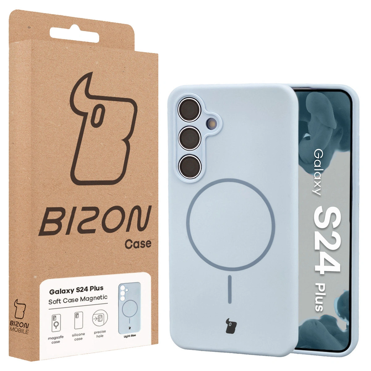 Przód pudełka Bizon Case z dedykowaną etykietą do Samsung Galaxy S24 Plus