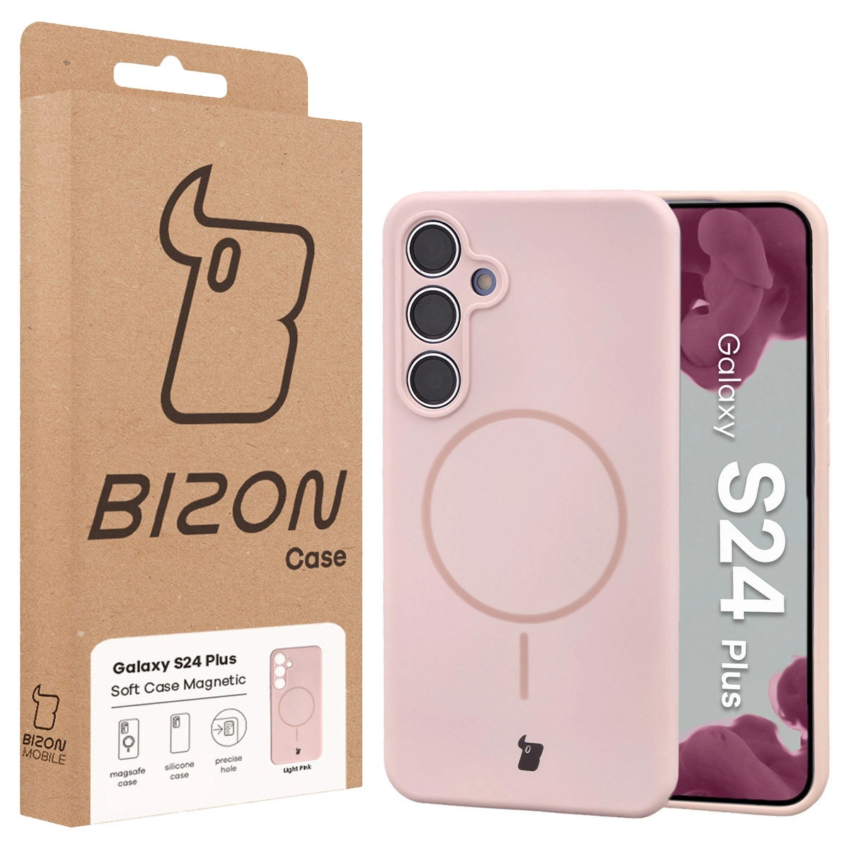 Przód pudełka Bizon Case z dedykowaną etykietą do Samsung Galaxy S24 Plus
