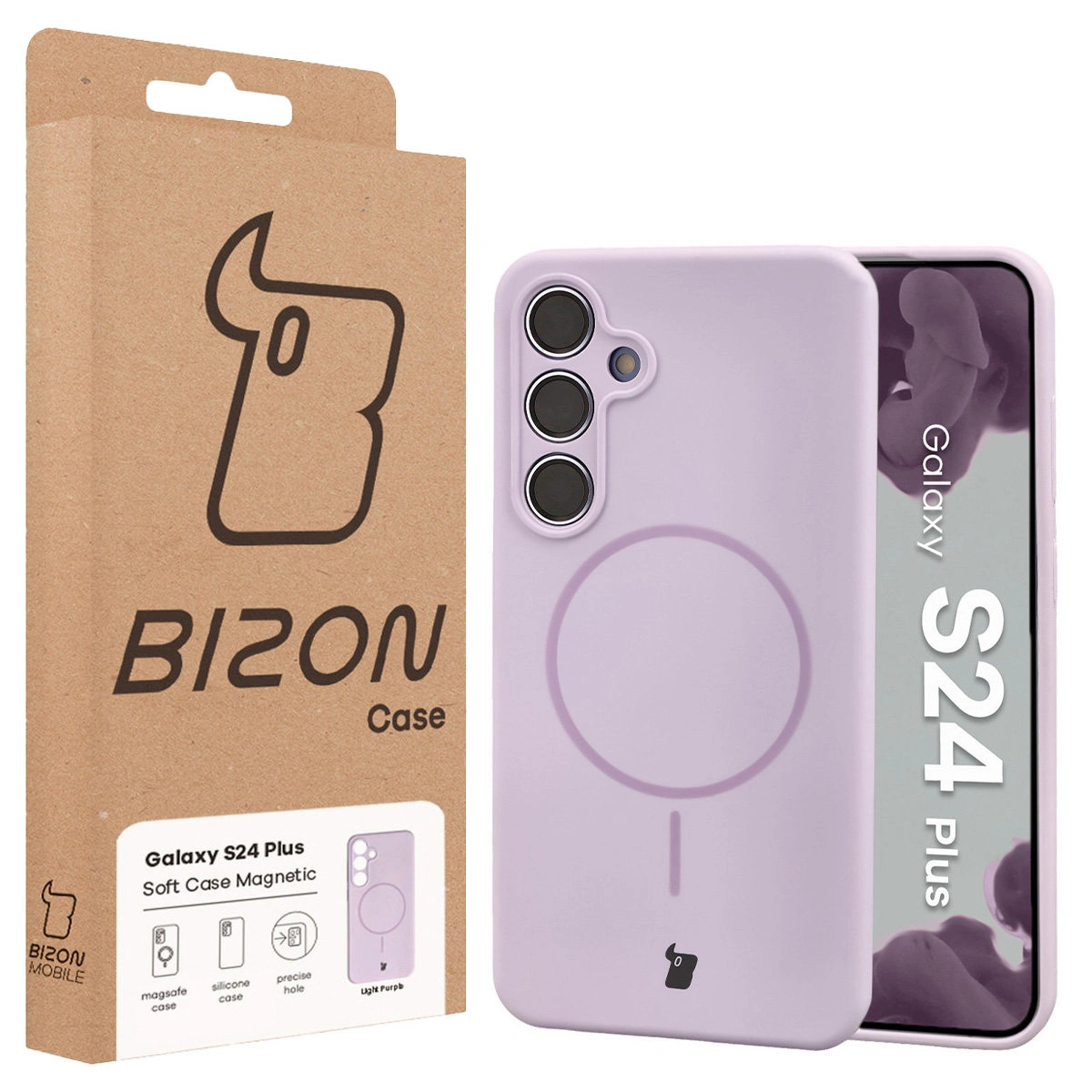 Przód pudełka Bizon Case z dedykowaną etykietą do Samsung Galaxy S24 Plus