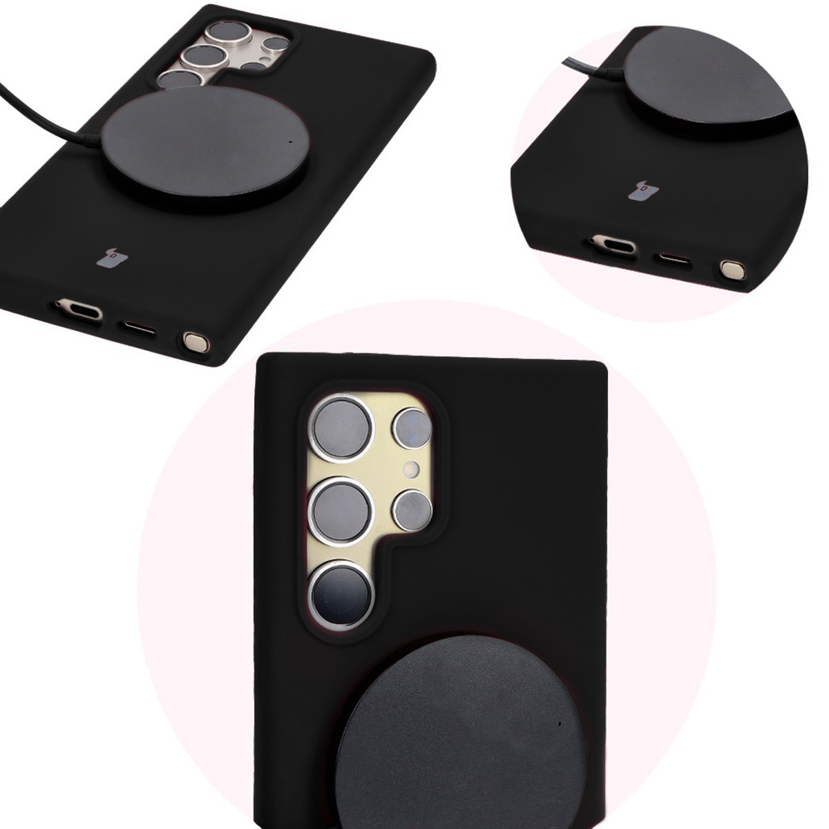 Közeli kép a precíz kivágásokról és az induktív töltés lehetőségéről a Bizon Soft Case tokban