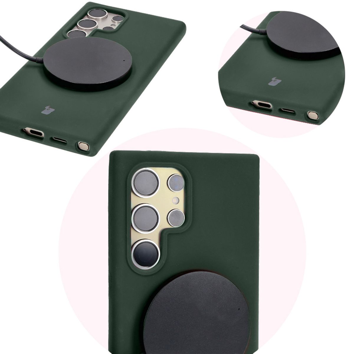 Prim-plan pe decupajele precise și posibilitatea de încărcare wireless în carcasa Bizon Soft Case