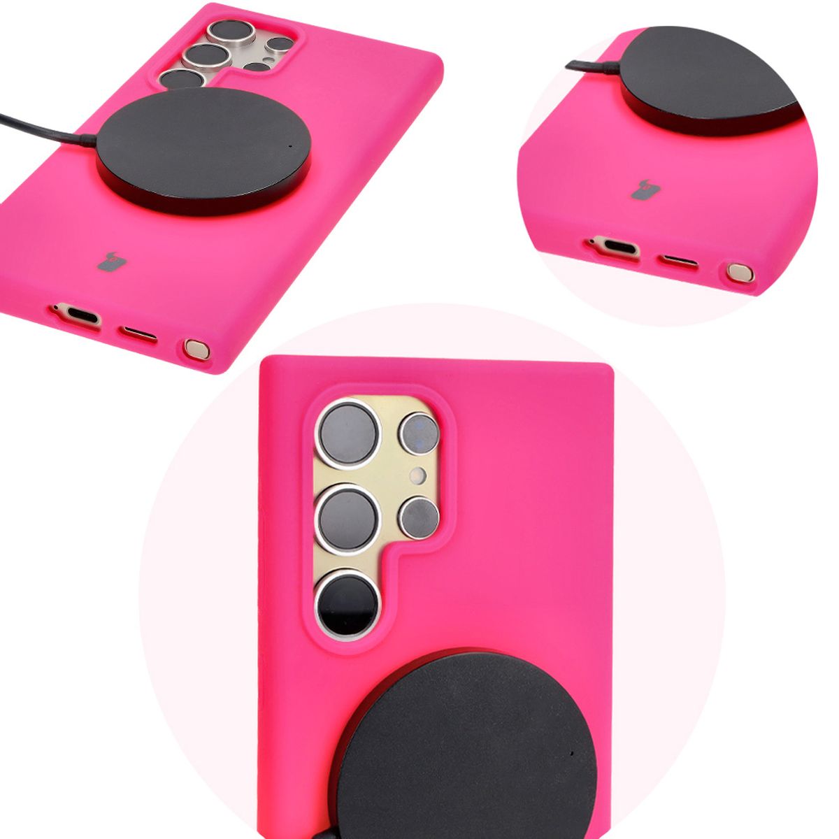 Prim-plan al decupajelor precise și posibilității de încărcare wireless în husa Bizon Soft Case