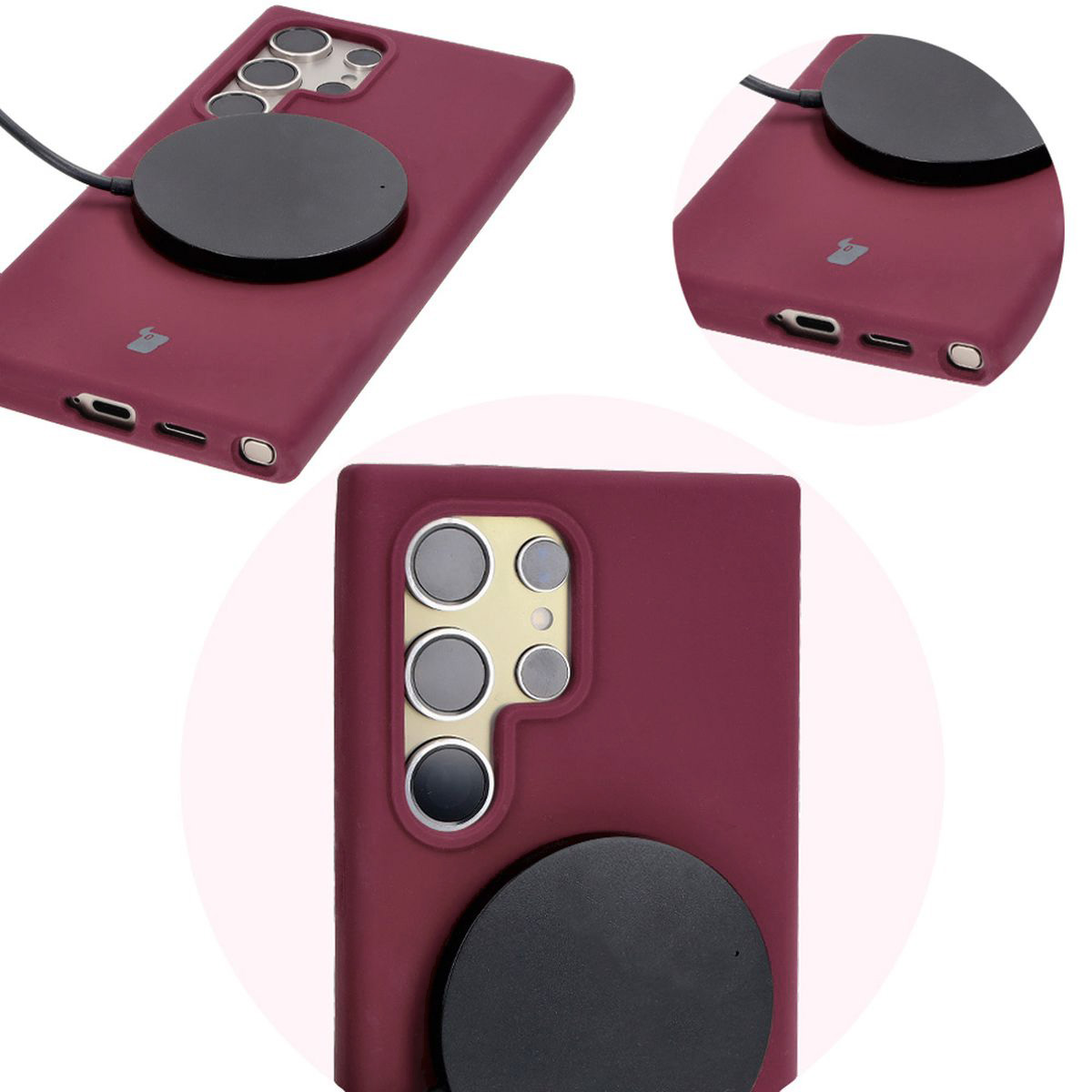 Prim-plan pe decuparile precise și posibilitatea de încărcare wireless în husa Bizon Soft Case
