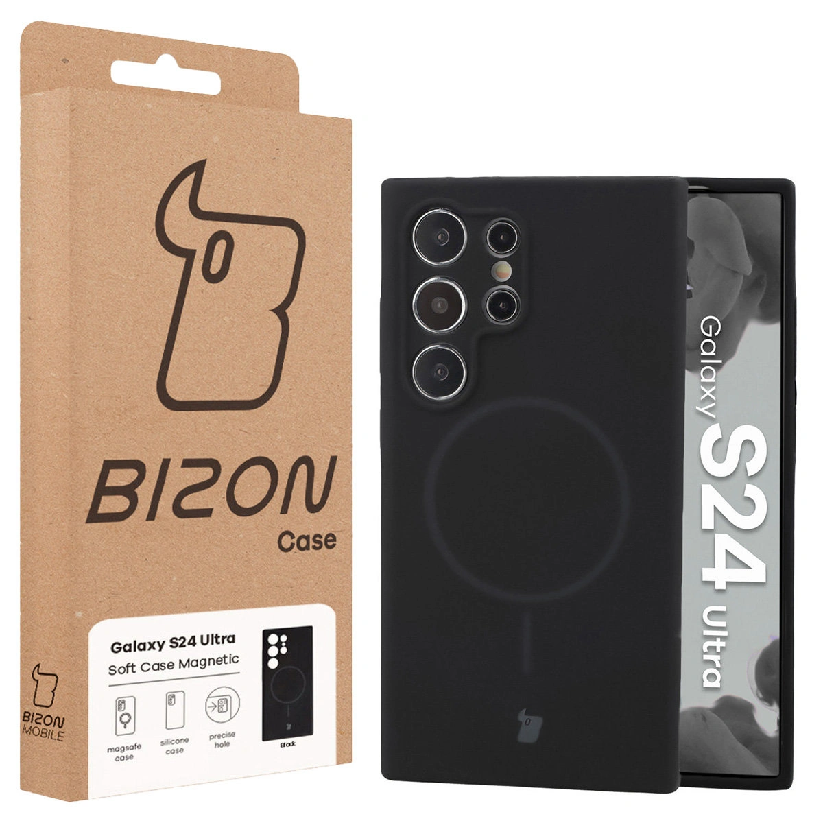 Przód pudełka Bizon Case z dedykowaną etykietą do Samsung Galaxy S24 Ultra