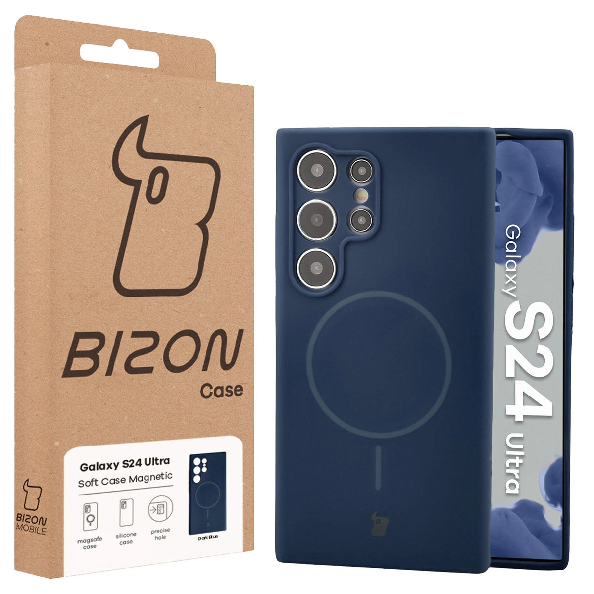 Przód pudełka Bizon Case z dedykowaną etykietą do Samsung Galaxy S24 Ultra