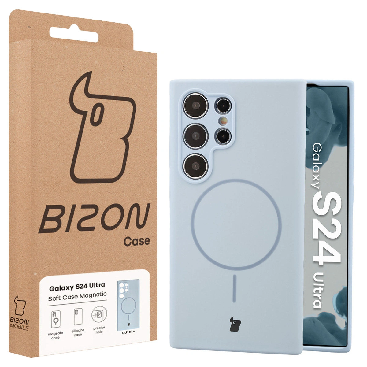 Przód pudełka Bizon Case z dedykowaną etykietą do Samsung Galaxy S24 Ultra