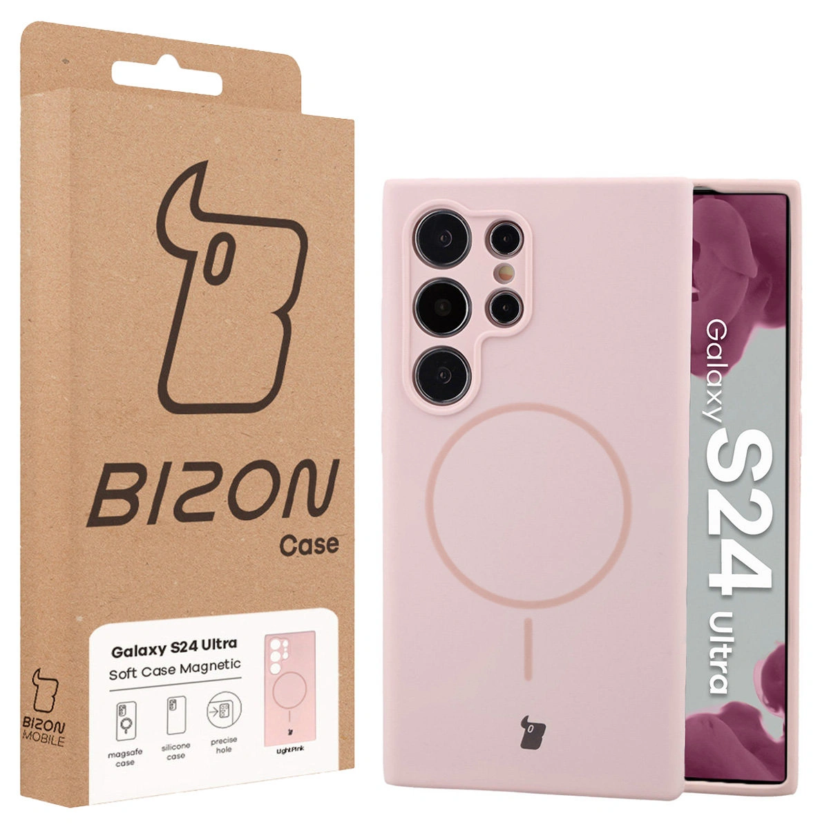Przód pudełka Bizon Case z dedykowaną etykietą do Samsung Galaxy S24 Ultra