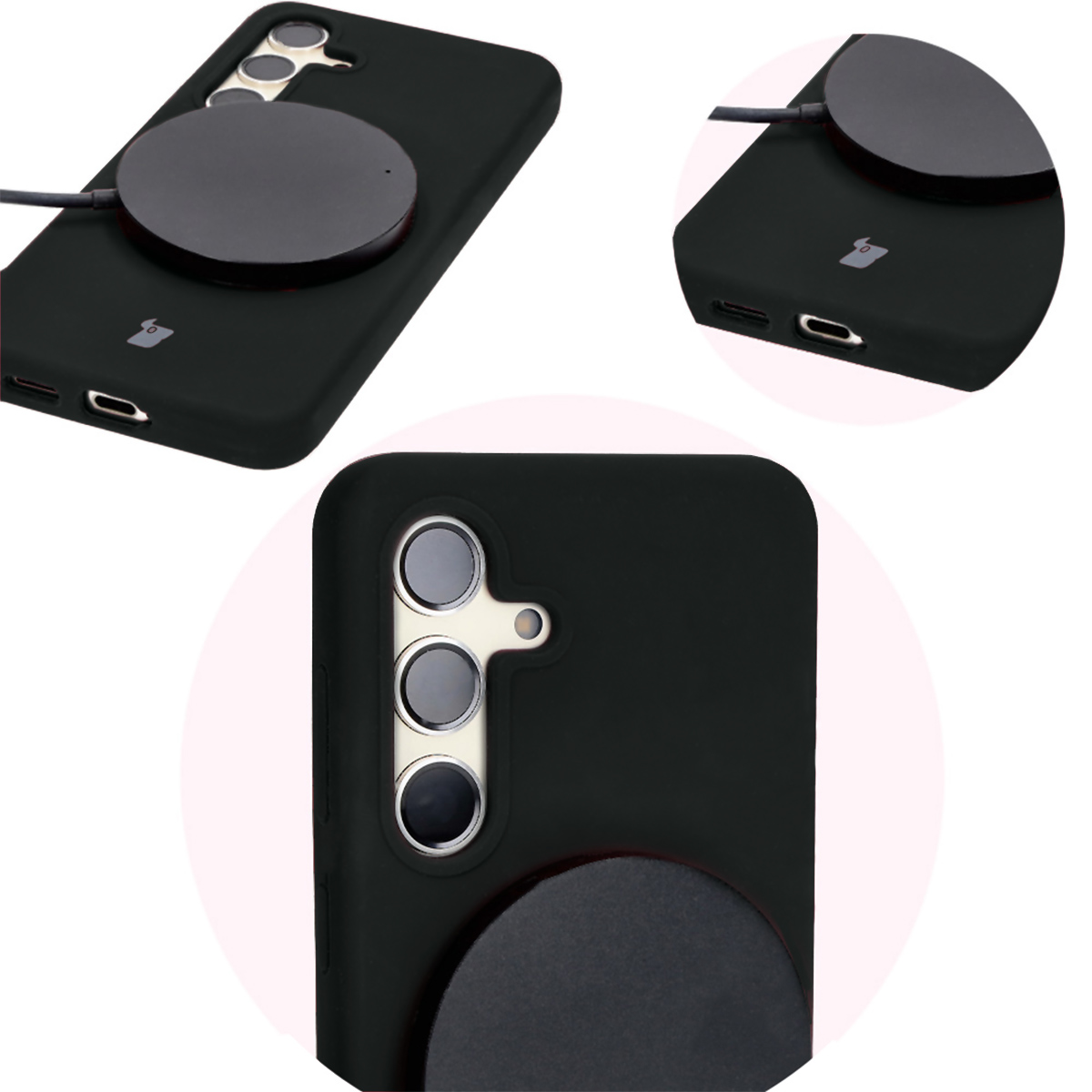 Prim-plan pe decalajele precise și posibilitatea de încărcare wireless în husa Bizon Soft Case