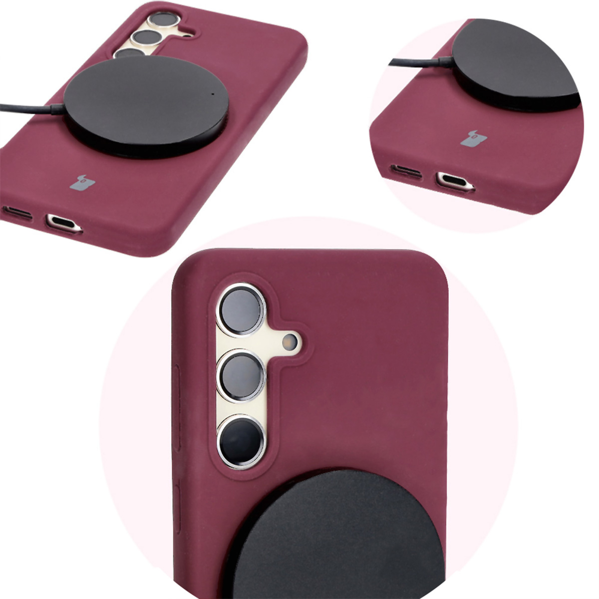 Prim-plan pe decupajele precise și posibilitatea de încărcare wireless în husa Bizon Soft Case