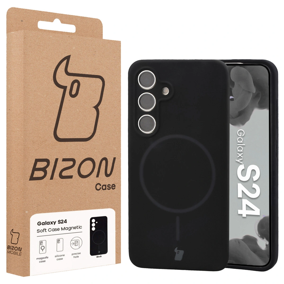 Przód pudełka Bizon Case z dedykowaną etykietą do Samsung Galaxy S24