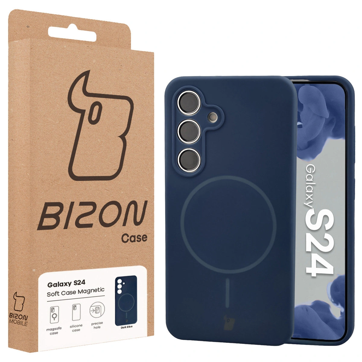 Przód pudełka Bizon Case z dedykowaną etykietą do Samsung Galaxy S24