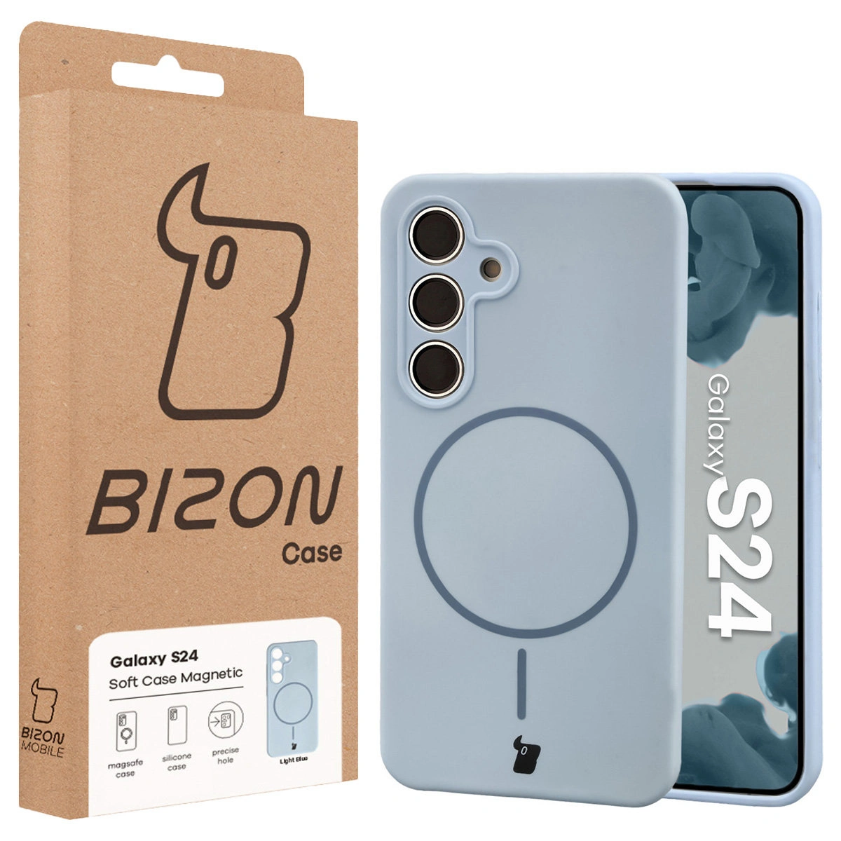 Przód pudełka Bizon Case z dedykowaną etykietą do Samsung Galaxy S24