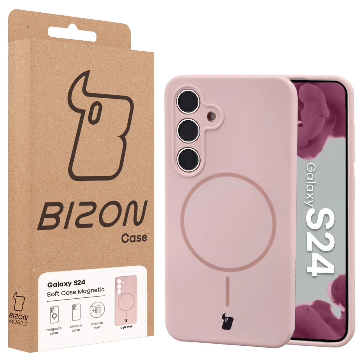 Przód pudełka Bizon Case z dedykowaną etykietą do Samsung Galaxy S24