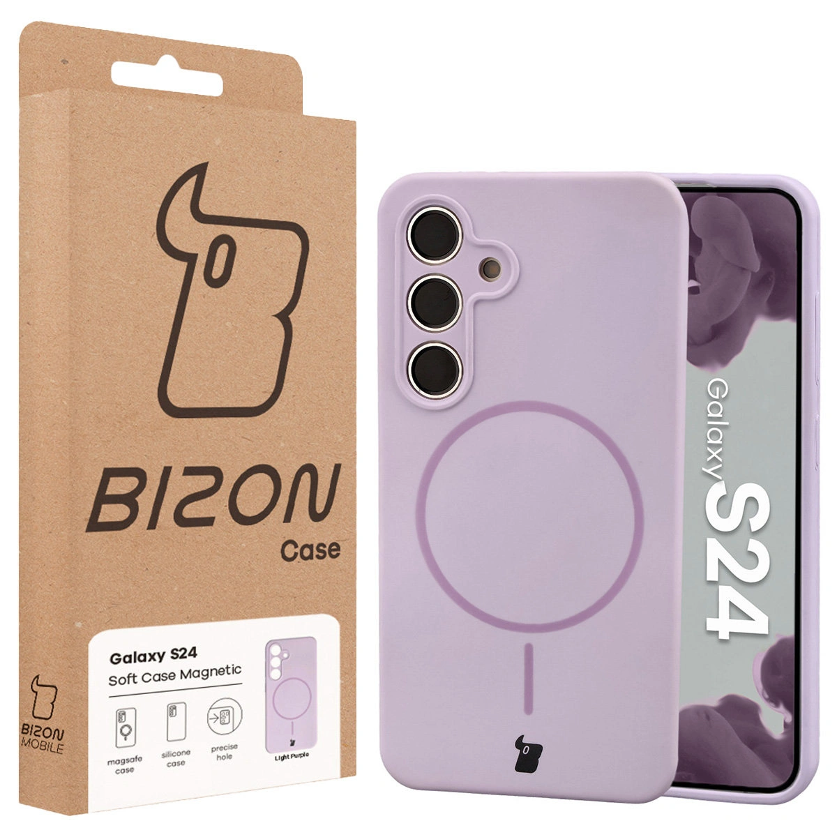 Przód pudełka Bizon Case z dedykowaną etykietą do Samsung Galaxy S24