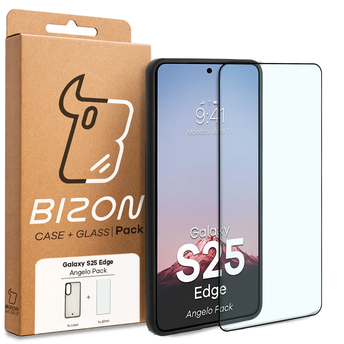 Przód pudełka Bizon Case Angelo Pack z dedykowaną etykietą do Samsung Galaxy S25 Edge
