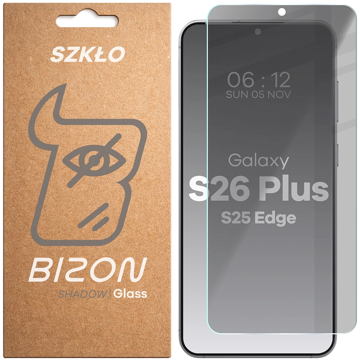 Pudełko i szkło prywatyzujące Bizon Glass Clear Shadow do Galaxy S25 Edge
