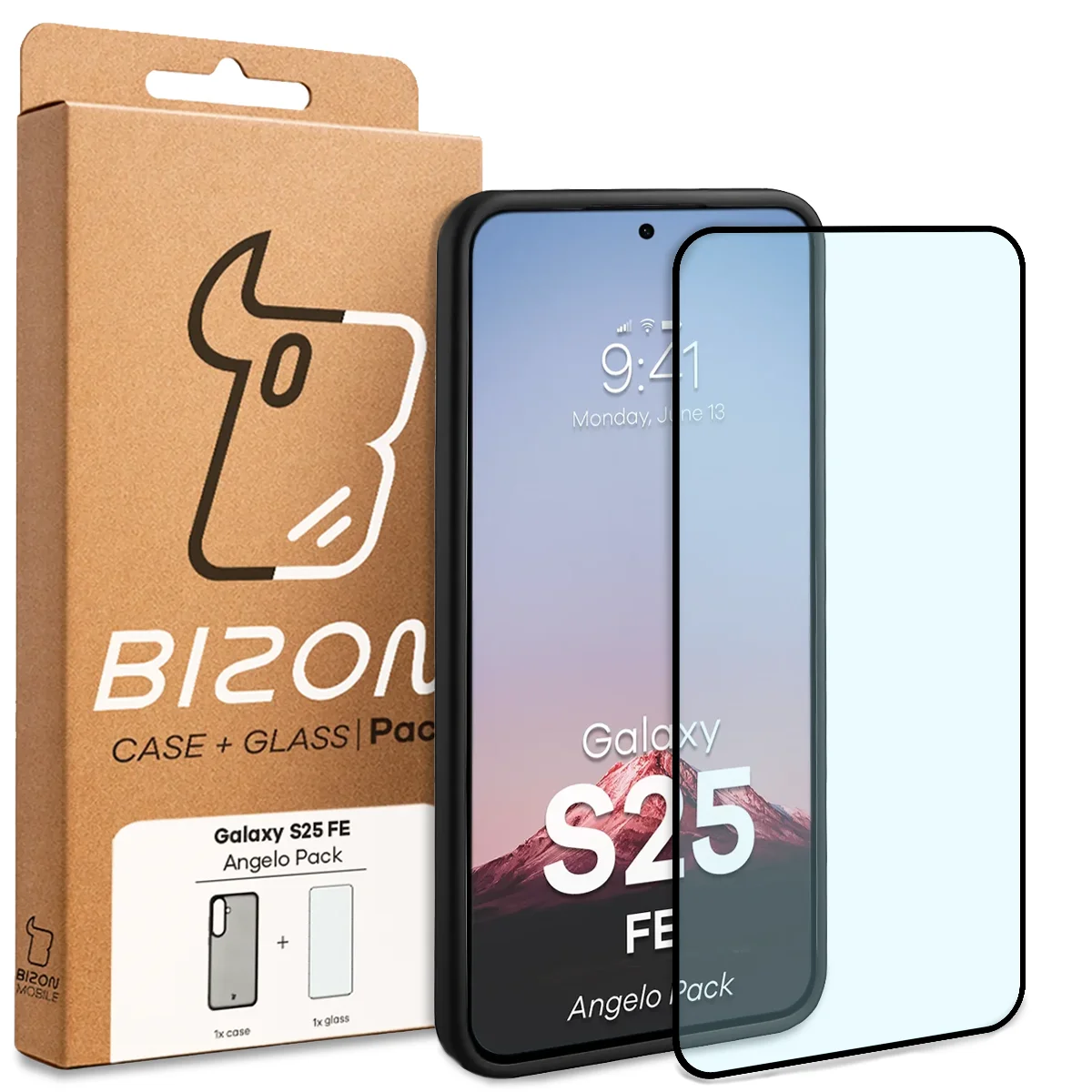 Przód pudełka Bizon Case Angelo Pack z dedykowaną etykietą do Samsung Galaxy S25 FE