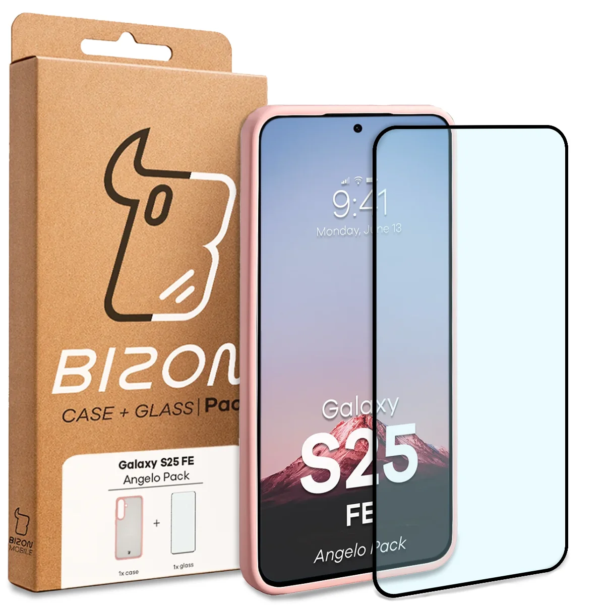 Przód pudełka Bizon Case Angelo Pack z dedykowaną etykietą do Samsung Galaxy S25 FE