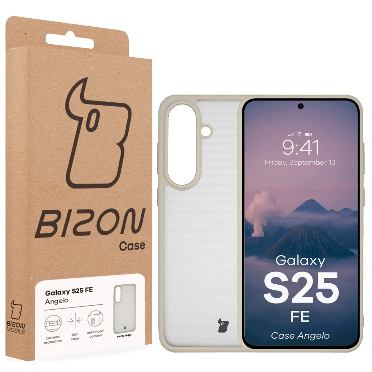 Fața cutiei Bizon Case cu eticheta dedicată pentru Samsung Galaxy S25 FE