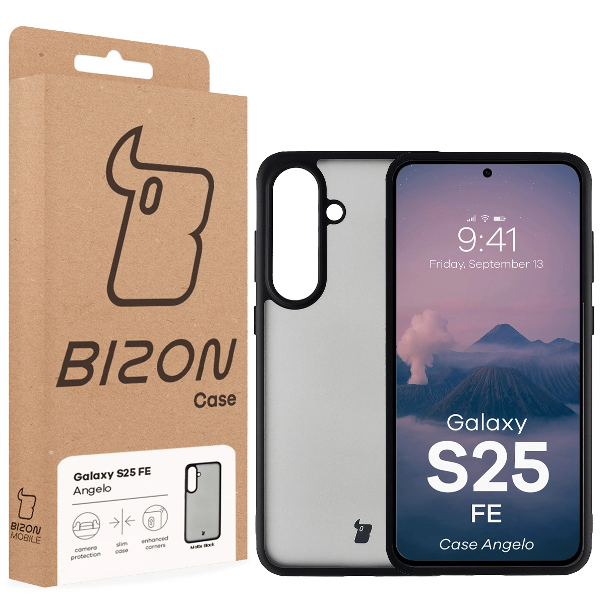 Fața cutiei Bizon Case cu etichetă dedicată pentru Samsung Galaxy S25 FE