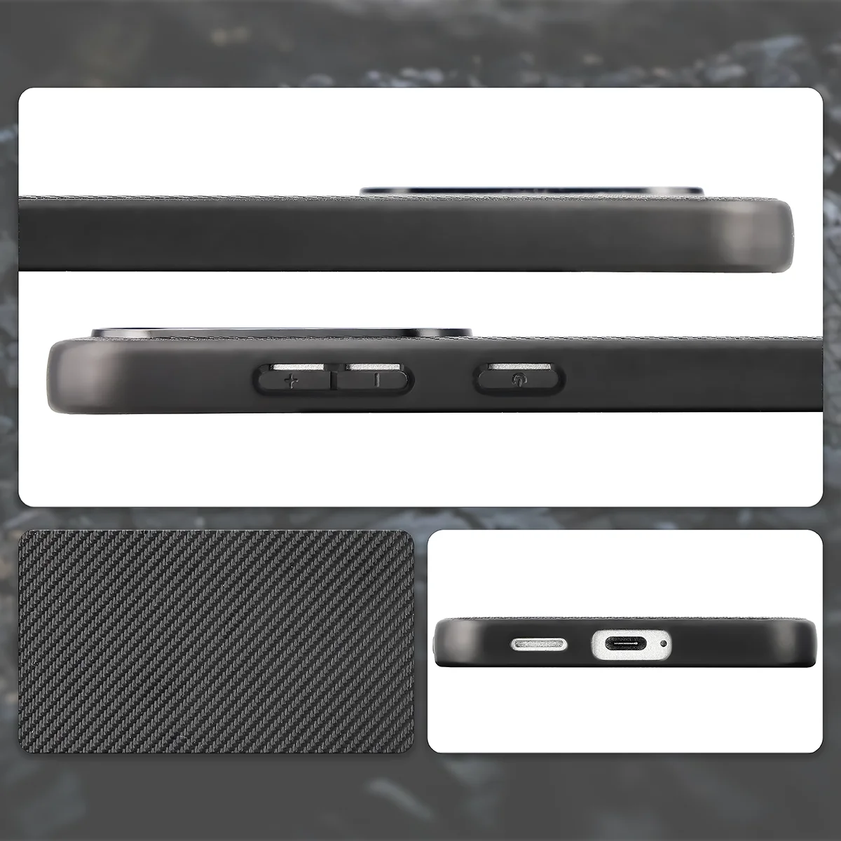 Kivágások, integrált védők és a Bizon Case CarbO tok struktúrája a Samsung Galaxy S25 FE-hez