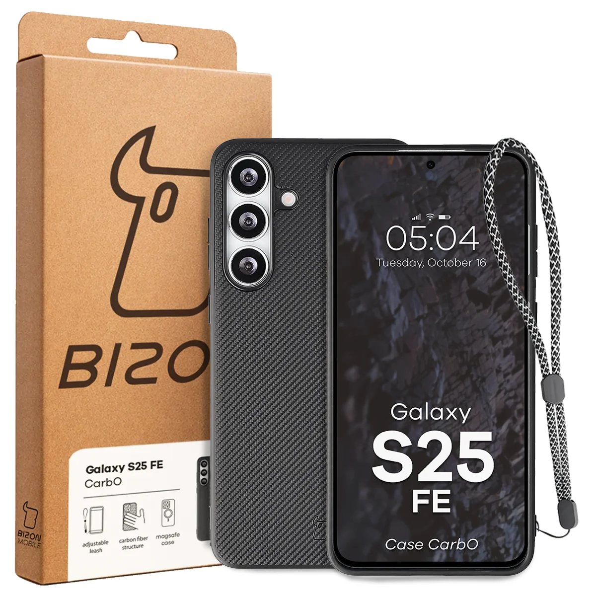 A Bizon Case dobozának elülső része, dedikált címkével a Samsung Galaxy S25 FE-hez