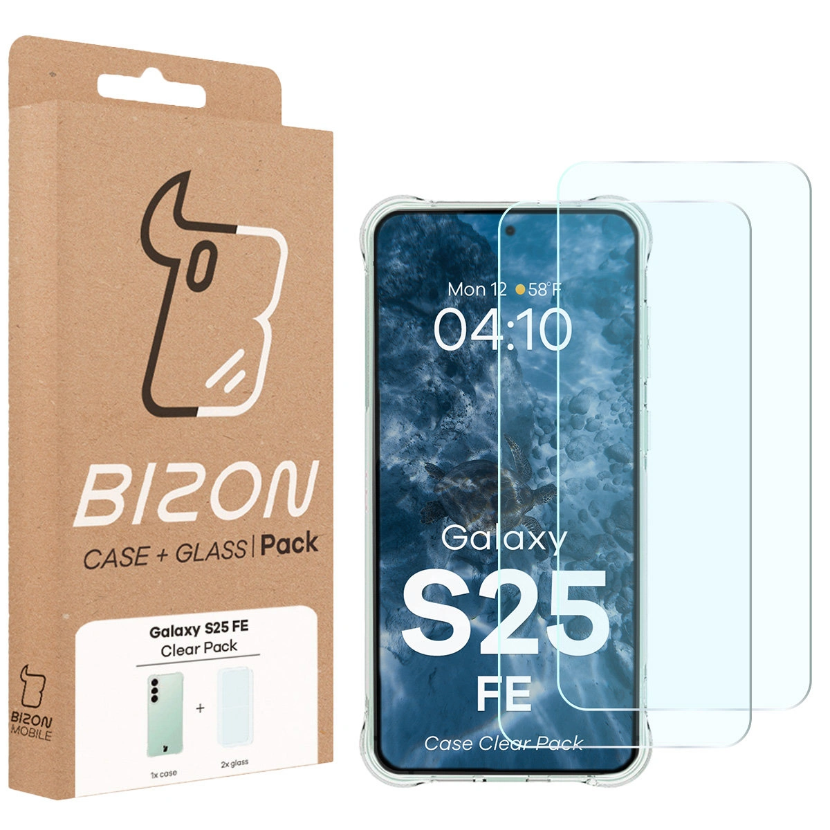 Przód pudełka Bizon Case+Glass z dedykowaną etykietą do Samsung Galaxy S25 FE