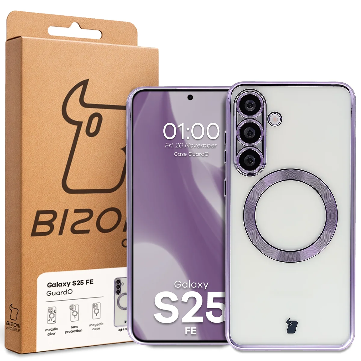Przód pudełka Bizon Case z dedykowaną etykietą do Samsung Galaxy S25 FE