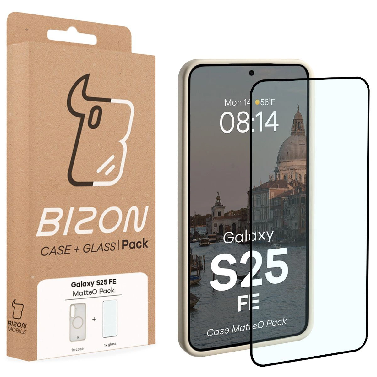 Przód pudełka Bizon Case Matteo Pack z dedykowaną etykietą do Samsung Galaxy S25 FE