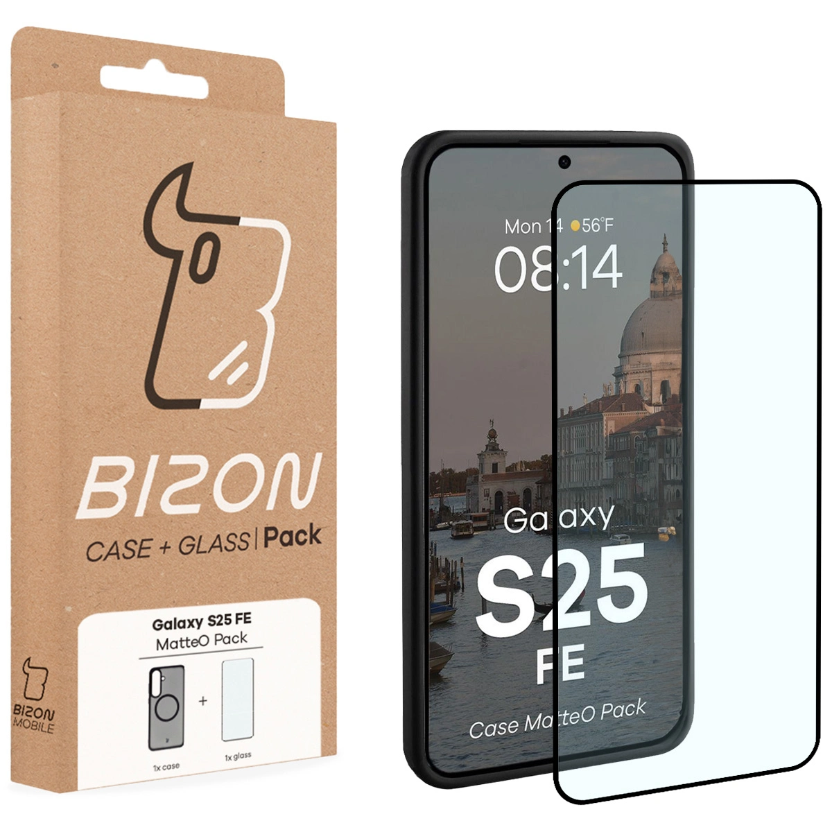 Przód pudełka Bizon Case Matteo Pack z dedykowaną etykietą do Samsung Galaxy S25 FE