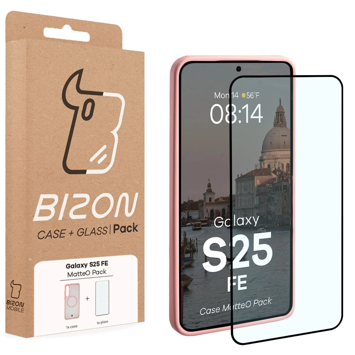 Przód pudełka Bizon Case Matteo Pack z dedykowaną etykietą do Samsung Galaxy S25 FE