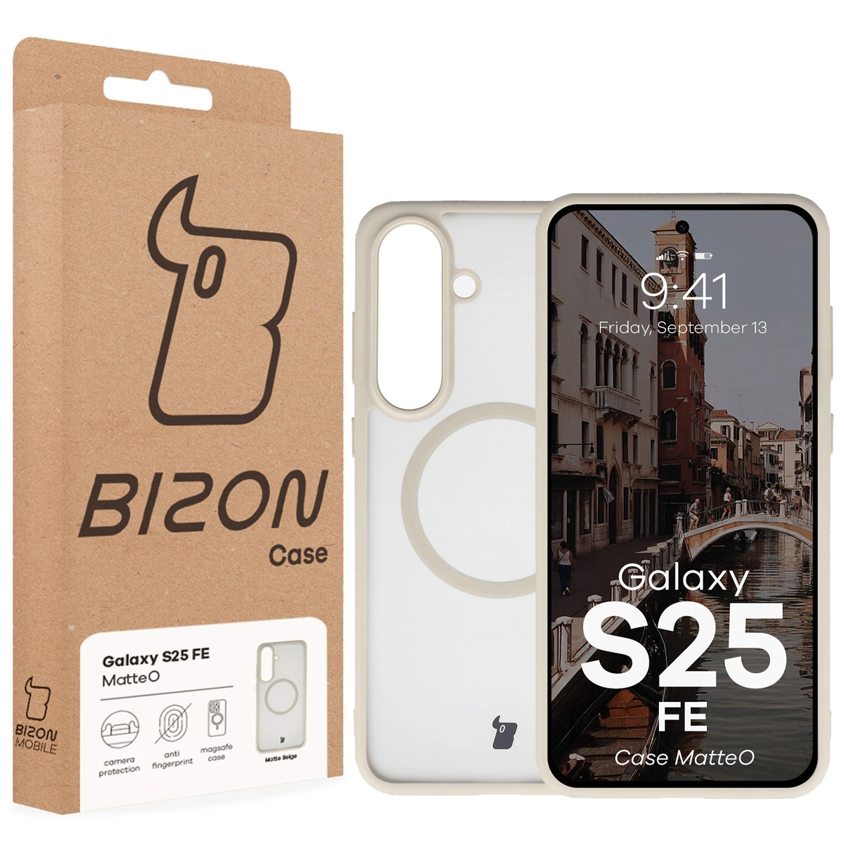Fața cutiei Bizon Case cu eticheta dedicată pentru Samsung Galaxy S25 FE