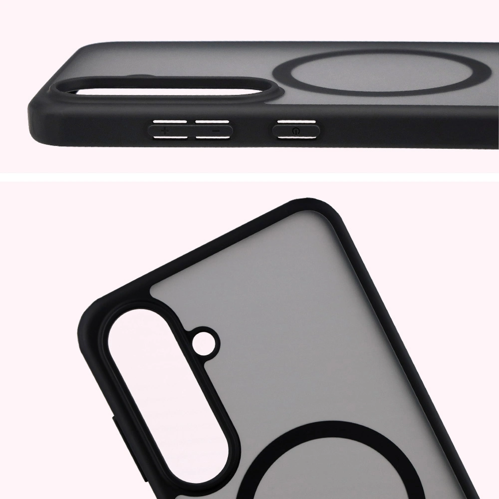 Pełne wycięcie i podwyższone krawędzie aparatu w etui Bizon Case MatteO do Samsung Galaxy S25 FE