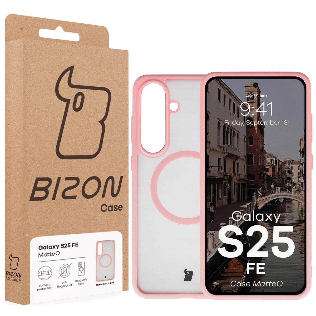 Przód pudełka Bizon Case z dedykowaną etykietą do Samsung Galaxy S25 FE